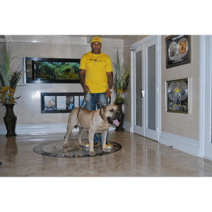 Flo Rida standing with a beige Presa Canario